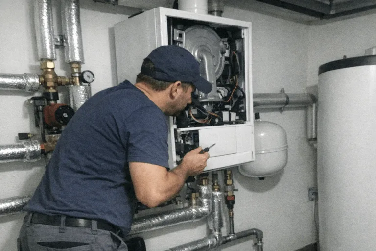 Heizungstechniker inspiziert Heizkesselanlage